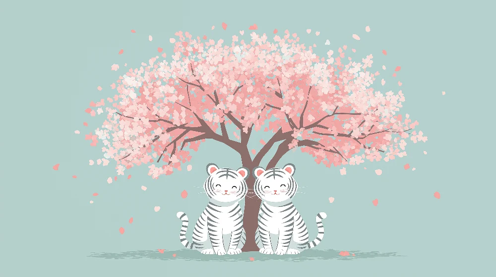 Papel de parede crianç | Dois tigres debaixo de uma cerejeira em flor