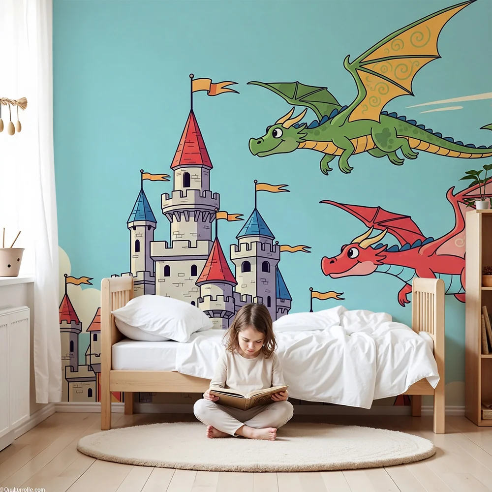 Papel de parede crianç | Dragões coloridos em um fundo de castelo medieval