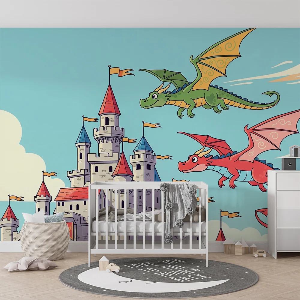 Papel de parede crianç | Dragões coloridos em um fundo de castelo medieval