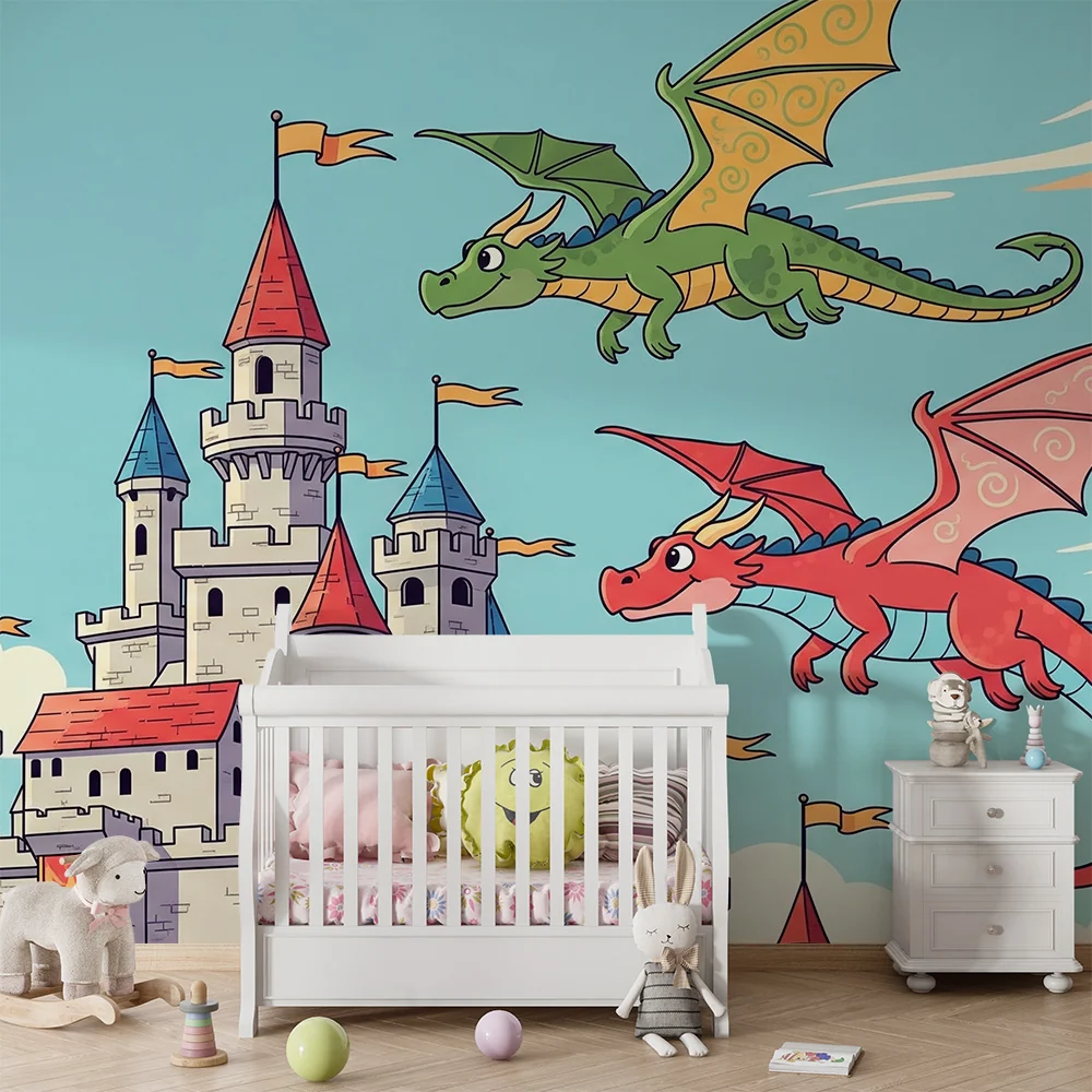 Papel de parede crianç | Dragões coloridos em um fundo de castelo medieval