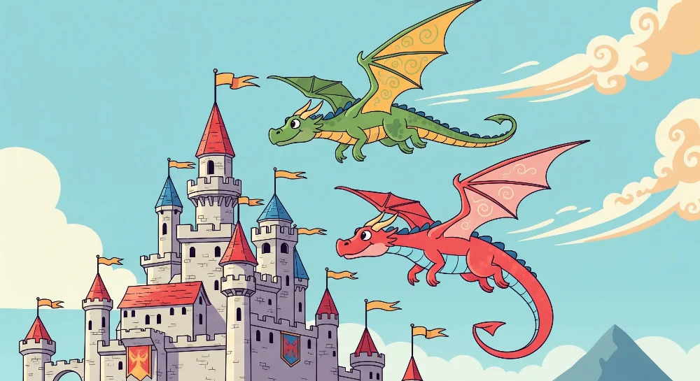 Papel de parede crianç | Dragões coloridos em um fundo de castelo medieval