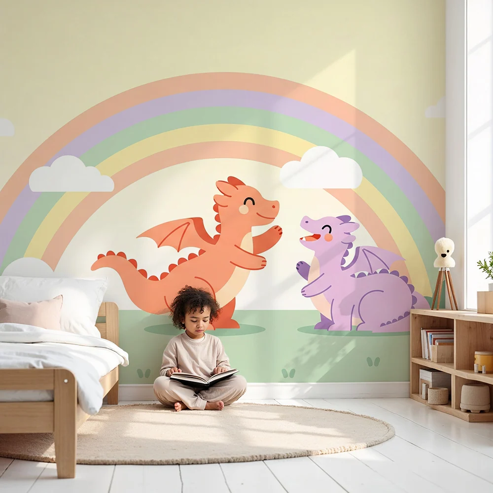 Papel de parede crianç | Dragões felizes sob um arco-íris pastel