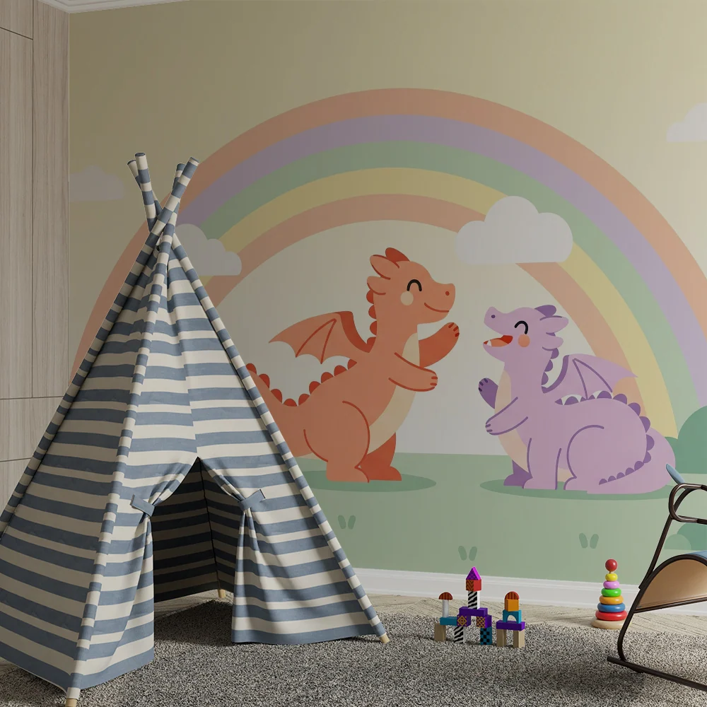 Papel de parede crianç | Dragões felizes sob um arco-íris pastel