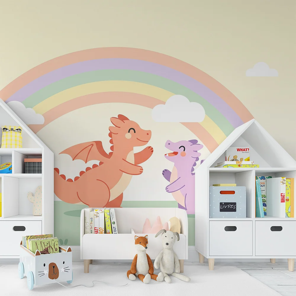 Papel de parede crianç | Dragões felizes sob um arco-íris pastel