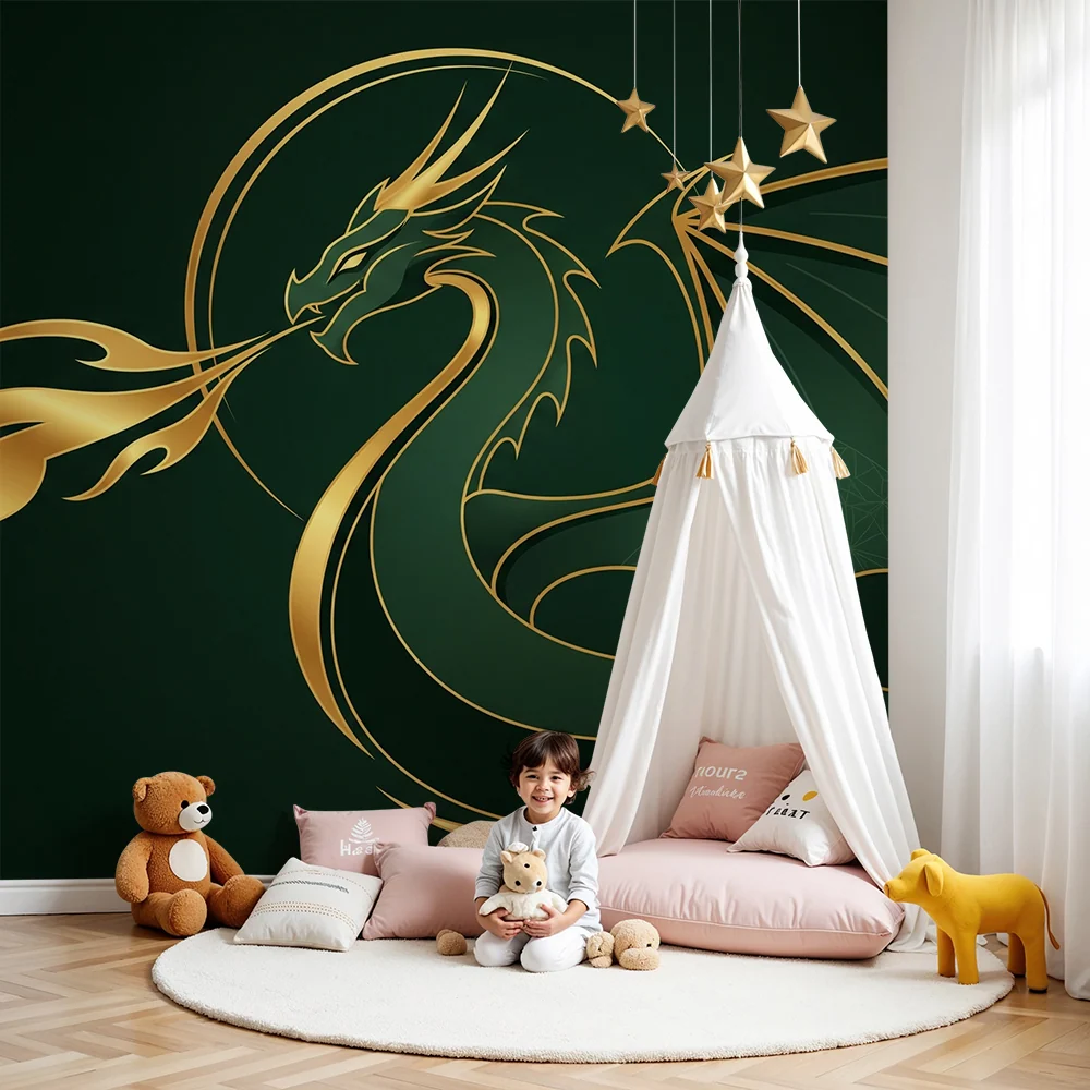 Papel de parede crianç | Dragão majestoso com acentos dourados em fundo verde