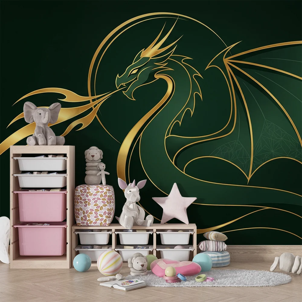 Papel de parede crianç | Dragão majestoso com acentos dourados em fundo verde