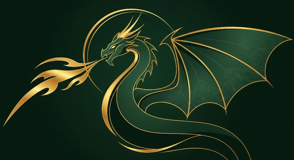Papel de parede crianç | Dragão majestoso com acentos dourados em fundo verde