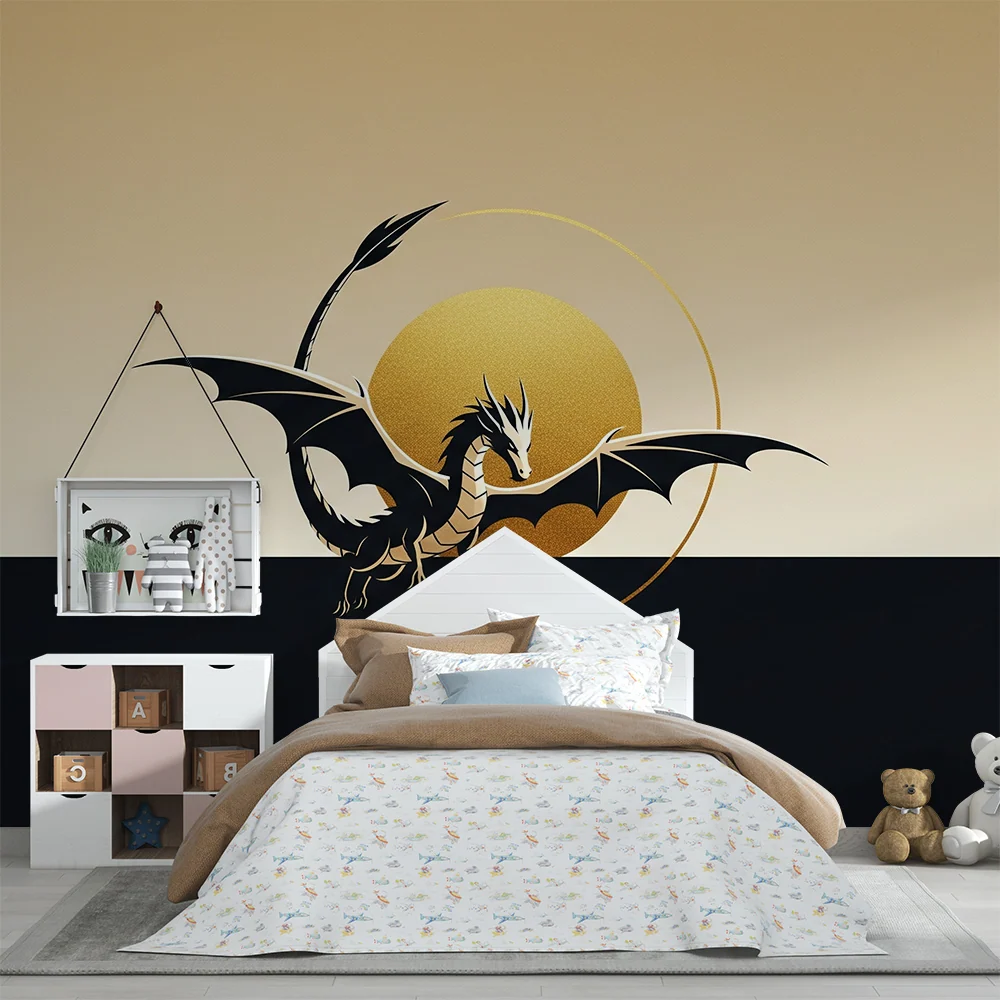 Papel de parede crianç | Dragão majestoso em fundo dourado e preto