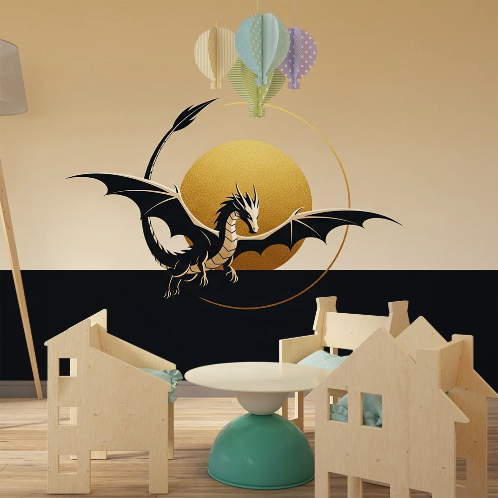 Papel de parede crianç | Dragão majestoso em fundo dourado e preto