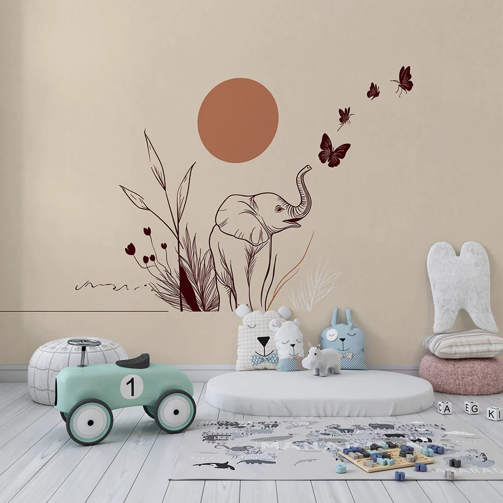 Papel de parede crianç | Elefante alegre e borboletas coloridas