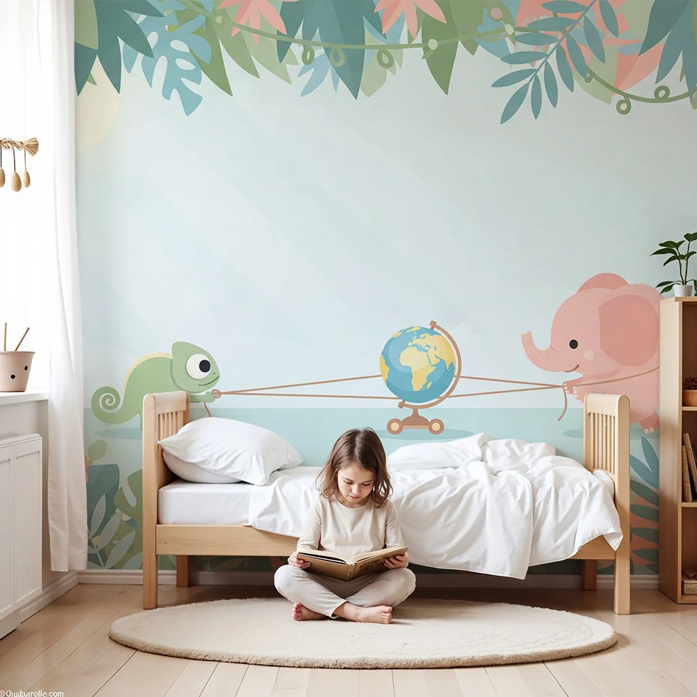 Papel de parede crianç | Elefante e camaleão explorando o mundo