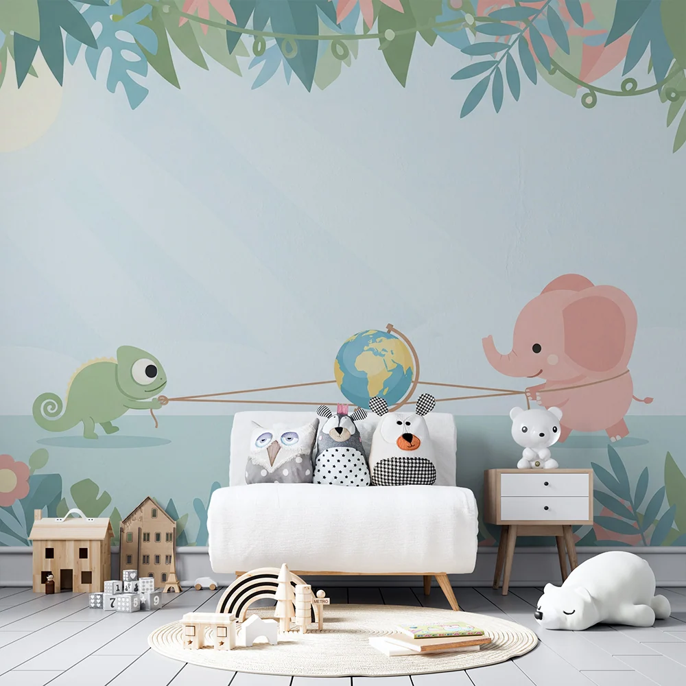 Papel de parede crianç | Elefante e camaleão explorando o mundo