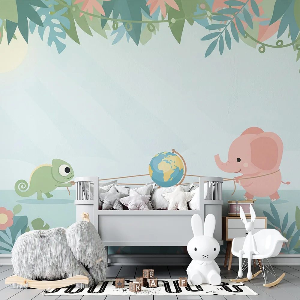 Papel de parede crianç | Elefante e camaleão explorando o mundo