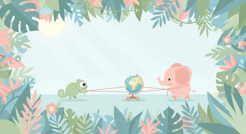 Papel de parede crianç | Elefante e camaleão explorando o mundo
