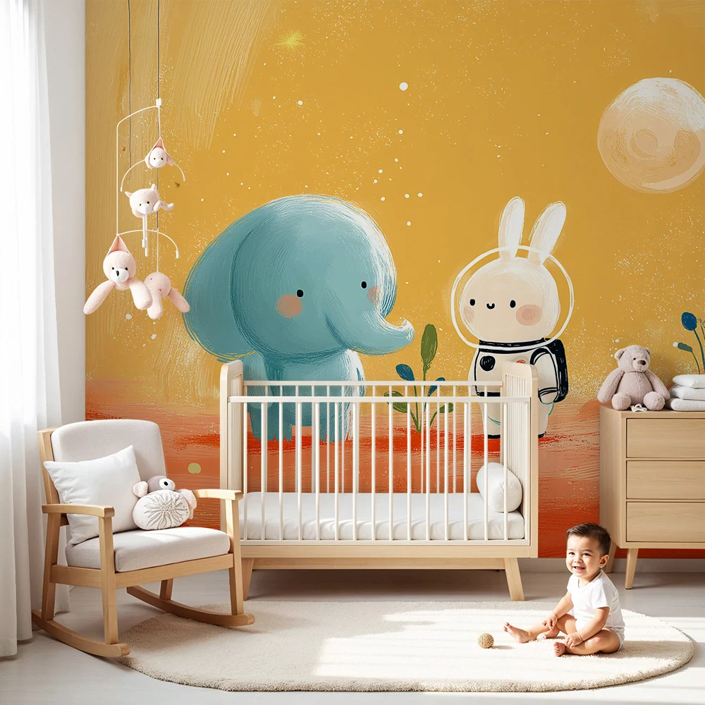 Papel de parede crianç | Elefante e coelho astronauta num cenário colorido