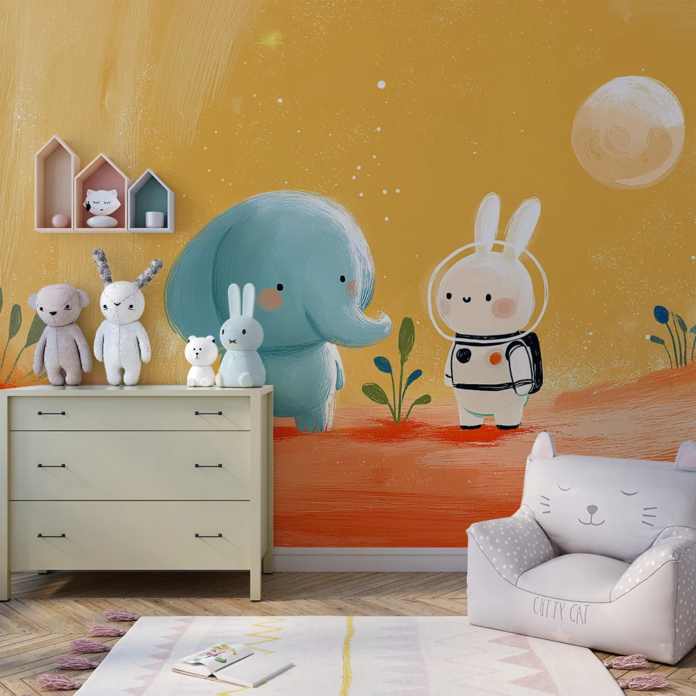 Papel de parede crianç | Elefante e coelho astronauta num cenário colorido