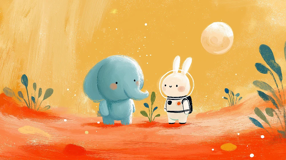 Papel de parede crianç | Elefante e coelho astronauta num cenário colorido