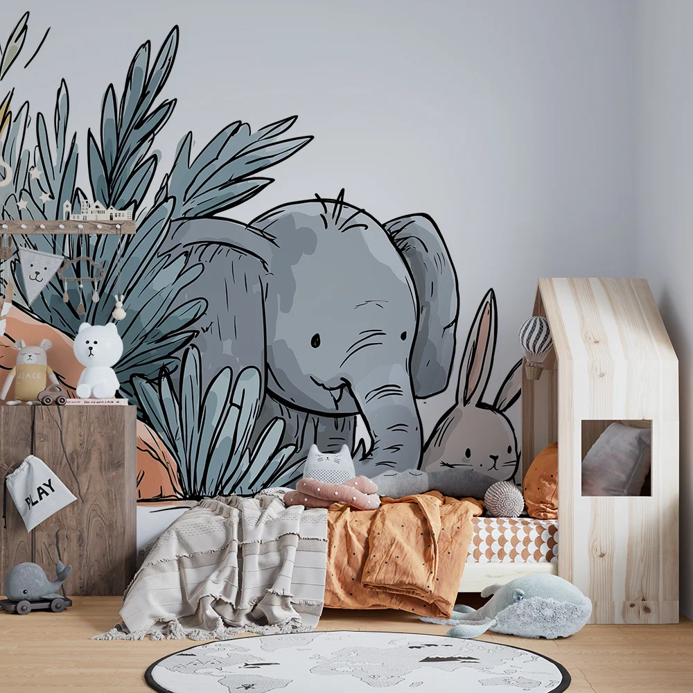 Papel de parede crianç | Elefante e coelho num ambiente natural