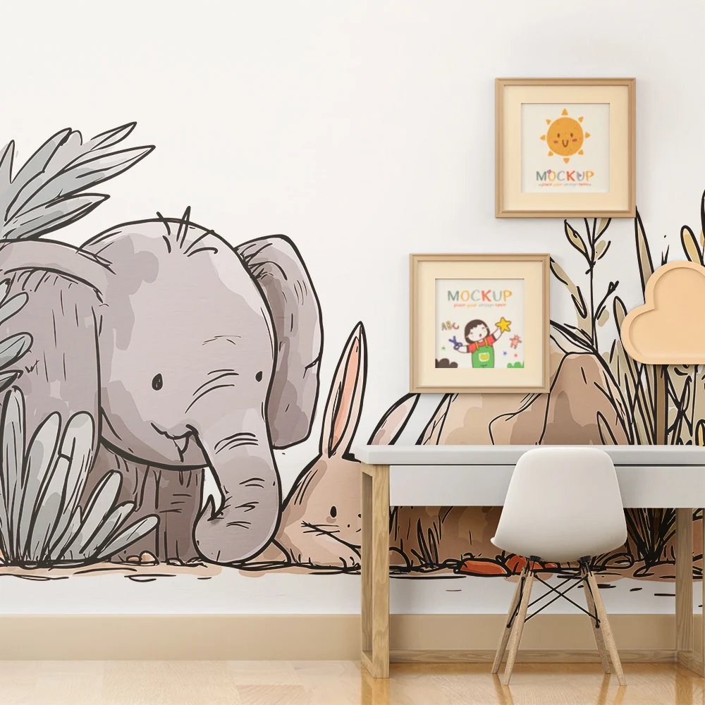 Papel de parede crianç | Elefante e coelho num ambiente natural
