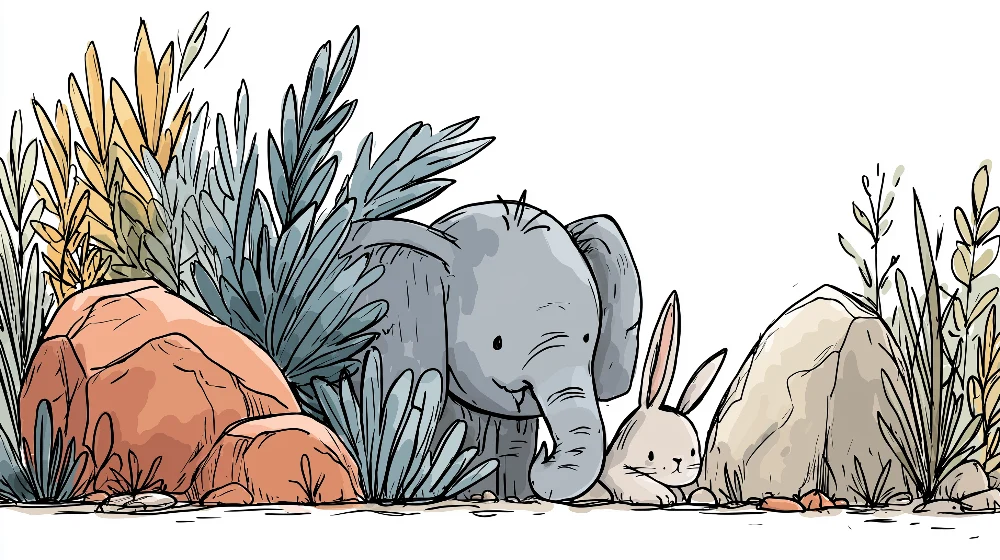 Papel de parede crianç | Elefante e coelho num ambiente natural