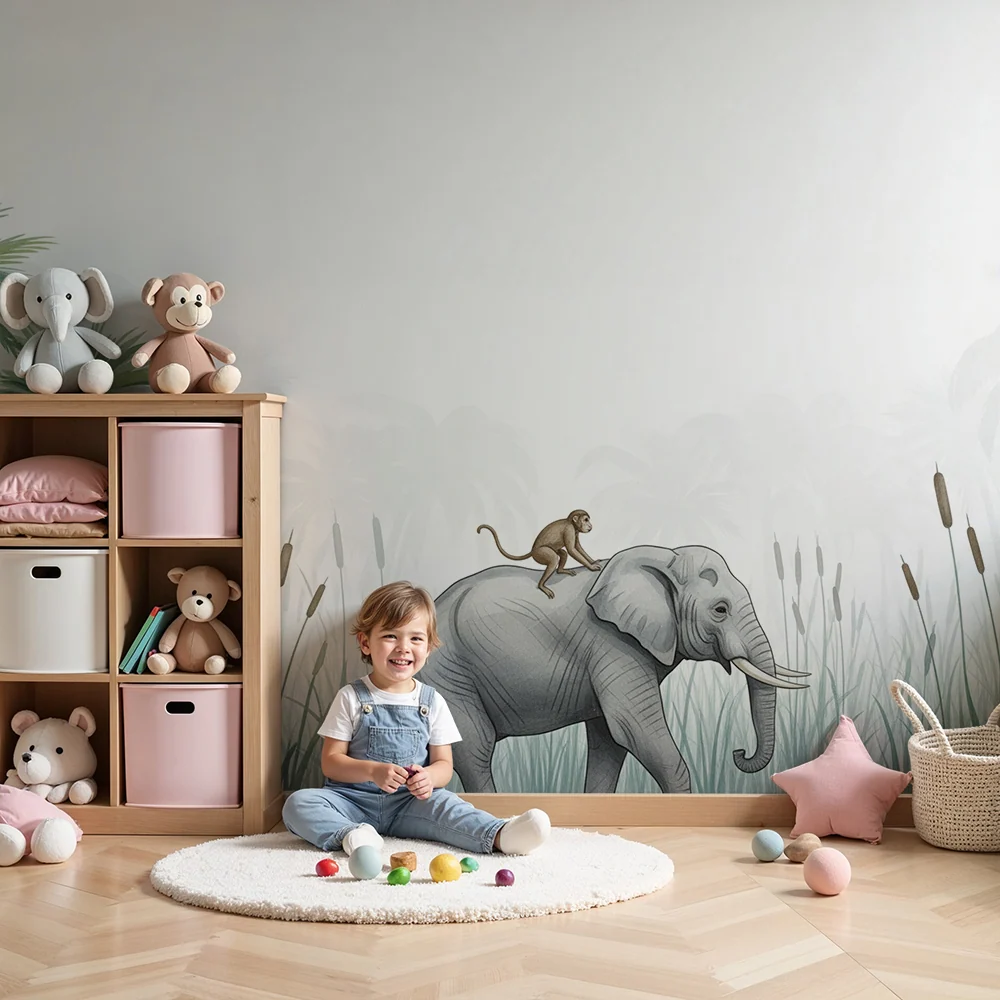 Papel de parede crianç | Elefante majestoso com um macaco e um papagaio colorido na selva