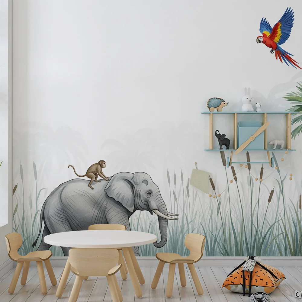 Papel de parede crianç | Elefante majestoso com um macaco e um papagaio colorido na selva