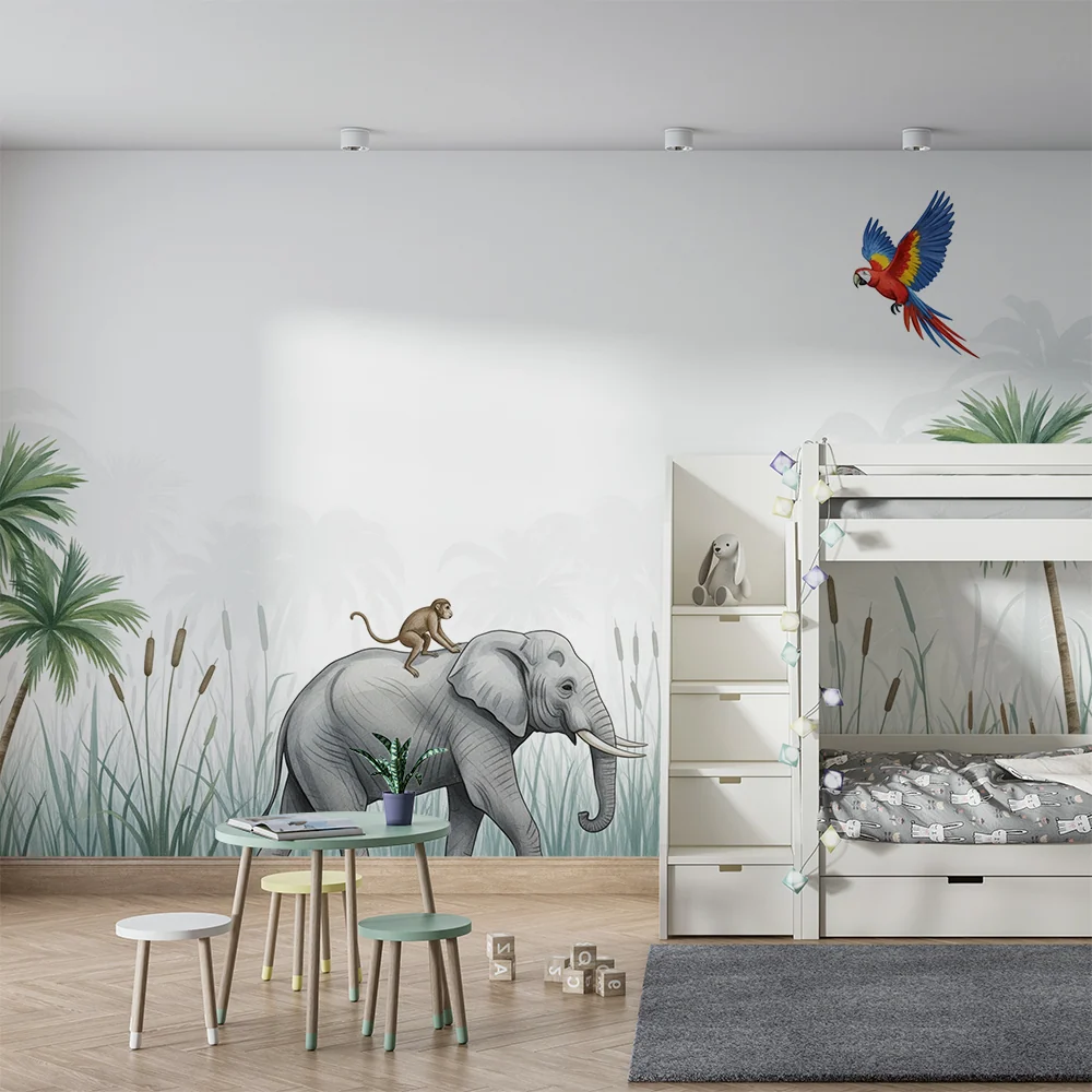 Papel de parede crianç | Elefante majestoso com um macaco e um papagaio colorido na selva