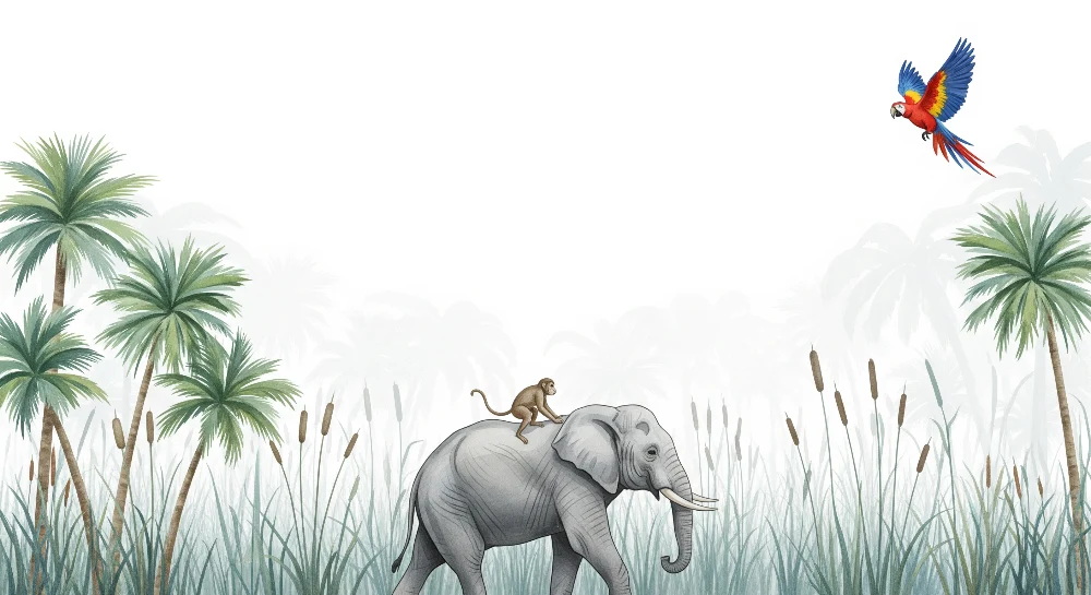 Papel de parede crianç | Elefante majestoso com um macaco e um papagaio colorido na selva
