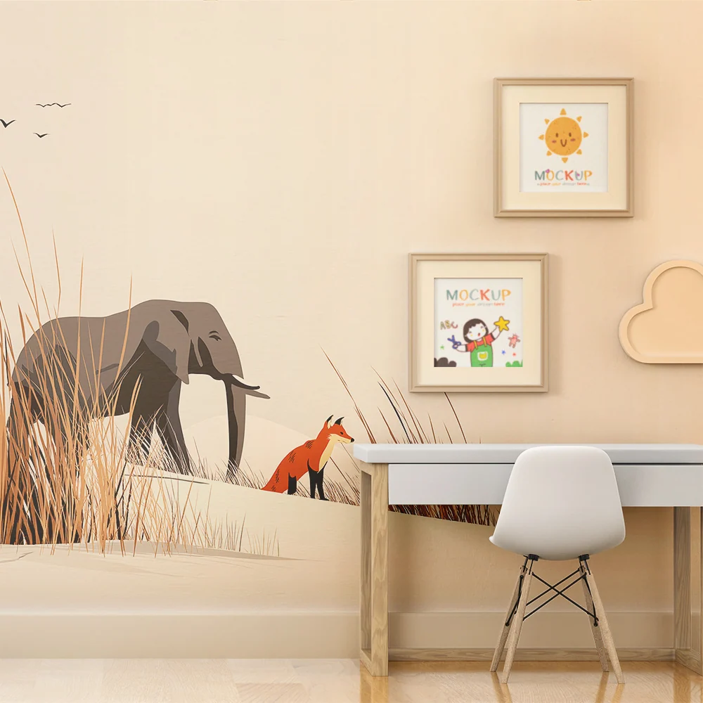 Papel de parede crianç | Elefante majestoso e raposa num cenário desértico