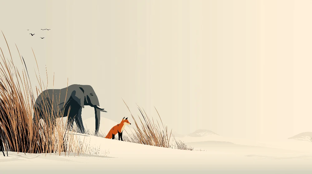 Papel de parede crianç | Elefante majestoso e raposa num cenário desértico
