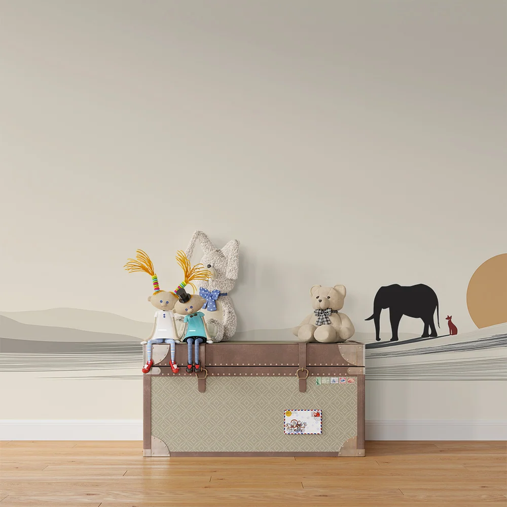Papel de parede crianç | Elefante e pequeno animal ao pôr do sol num cenário minimalista