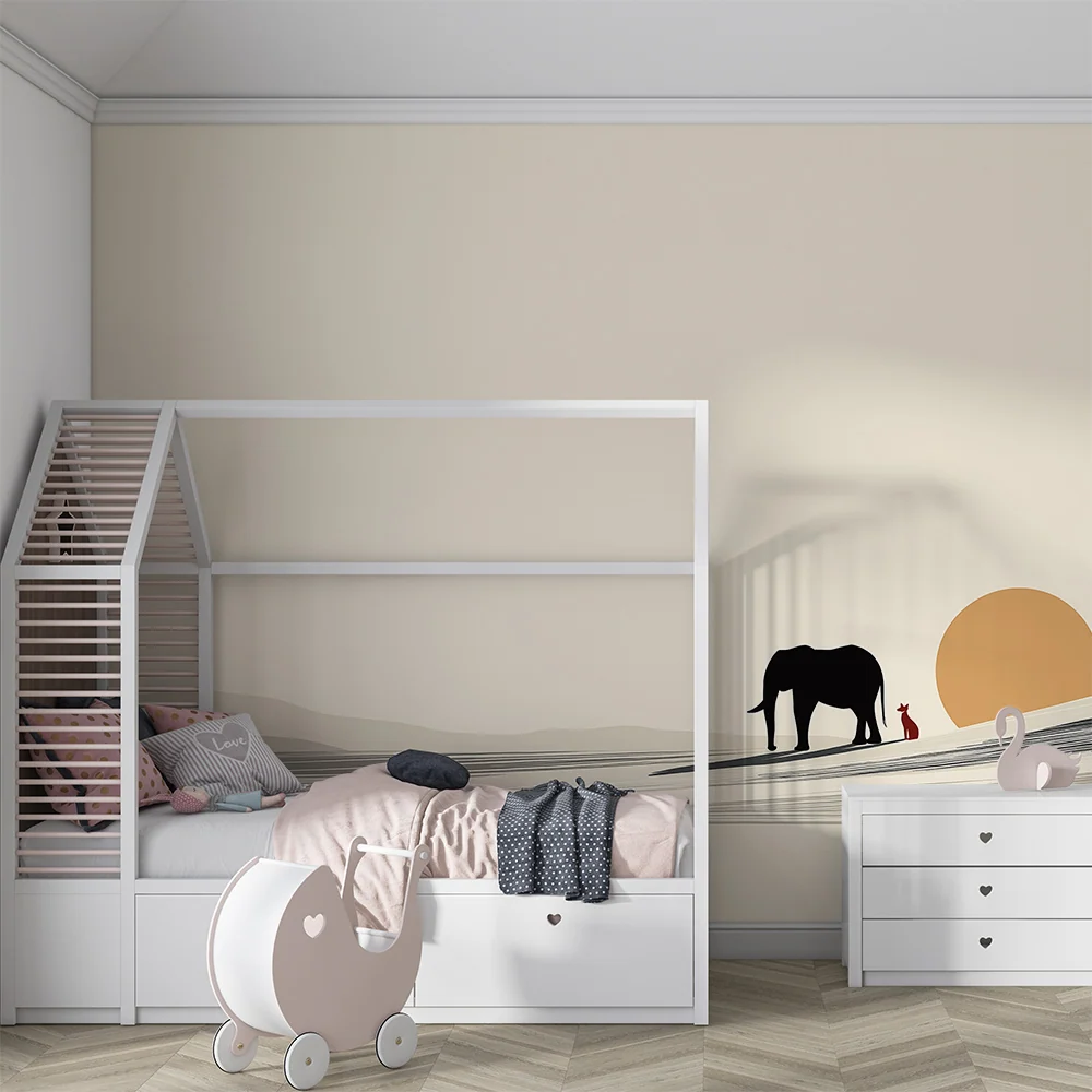 Papel de parede crianç | Elefante e pequeno animal ao pôr do sol num cenário minimalista