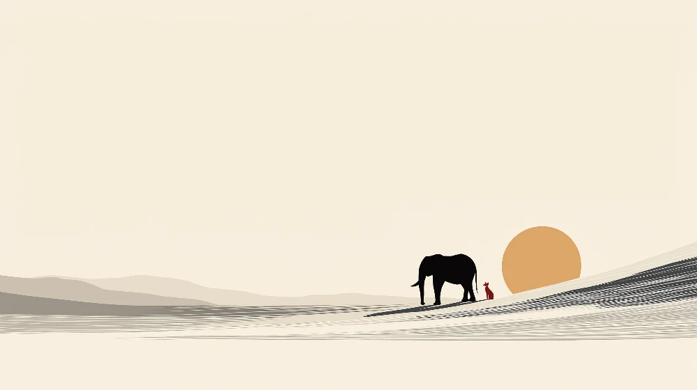 Papel de parede crianç | Elefante e pequeno animal ao pôr do sol num cenário minimalista