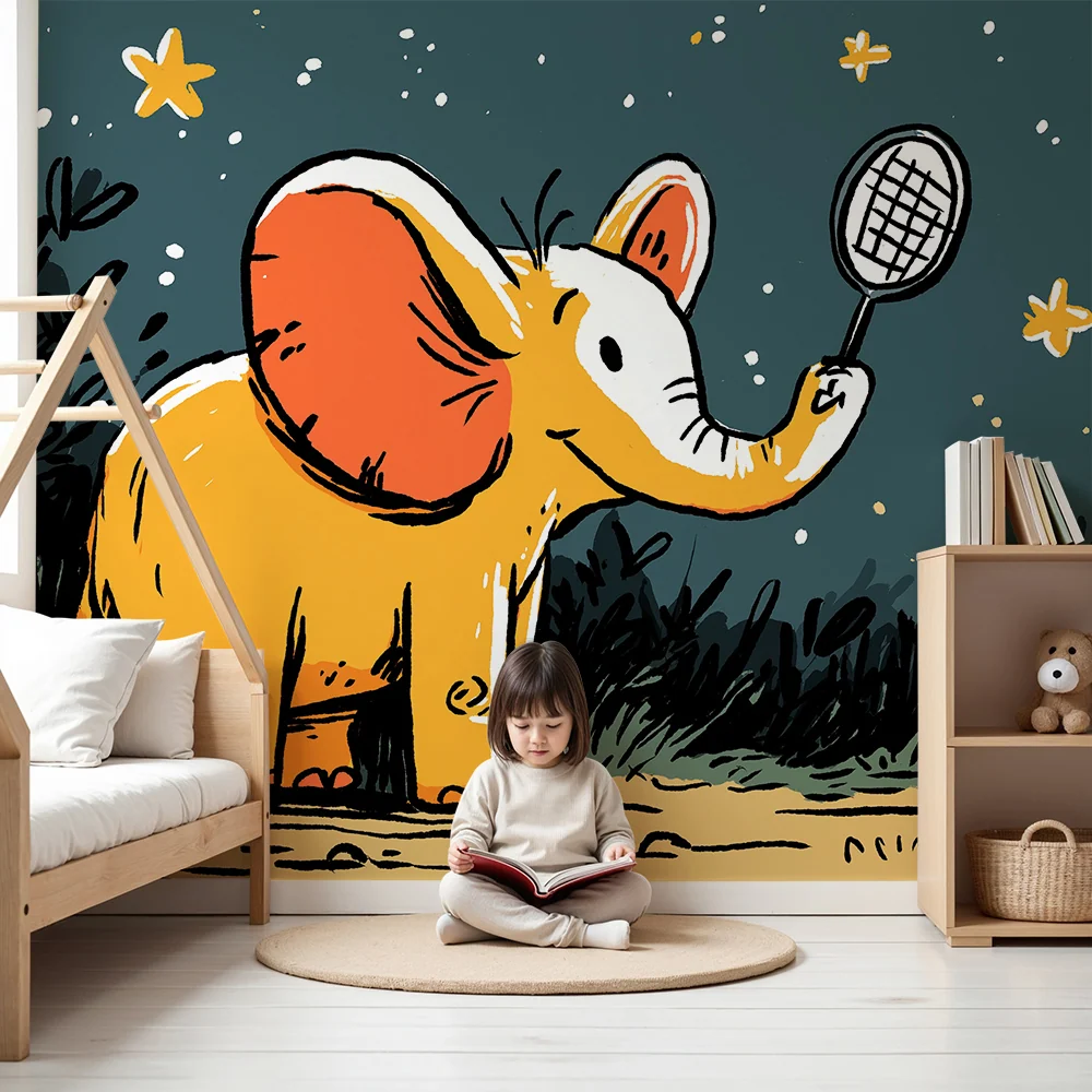 Papel de parede crianç | Elefante sonhador sob as estrelas