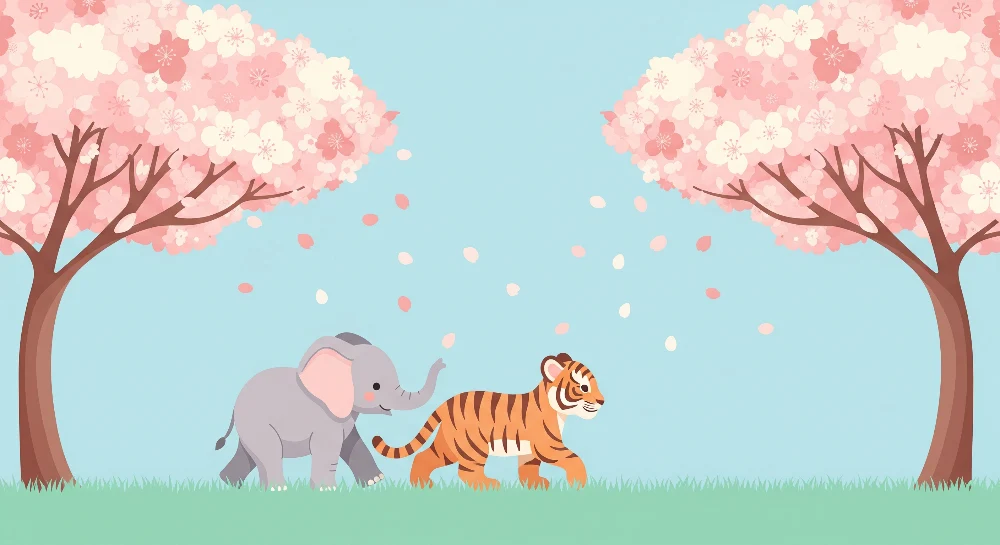Papel de parede crianç | Elefante e tigre sob as cerejeiras em flor
