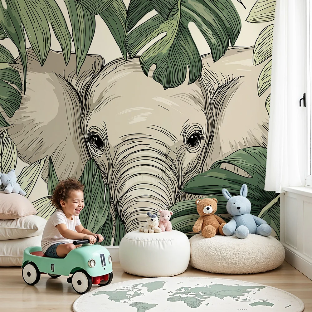 Papel de parede crianç | Elegante elefante escondido entre as folhas tropicais