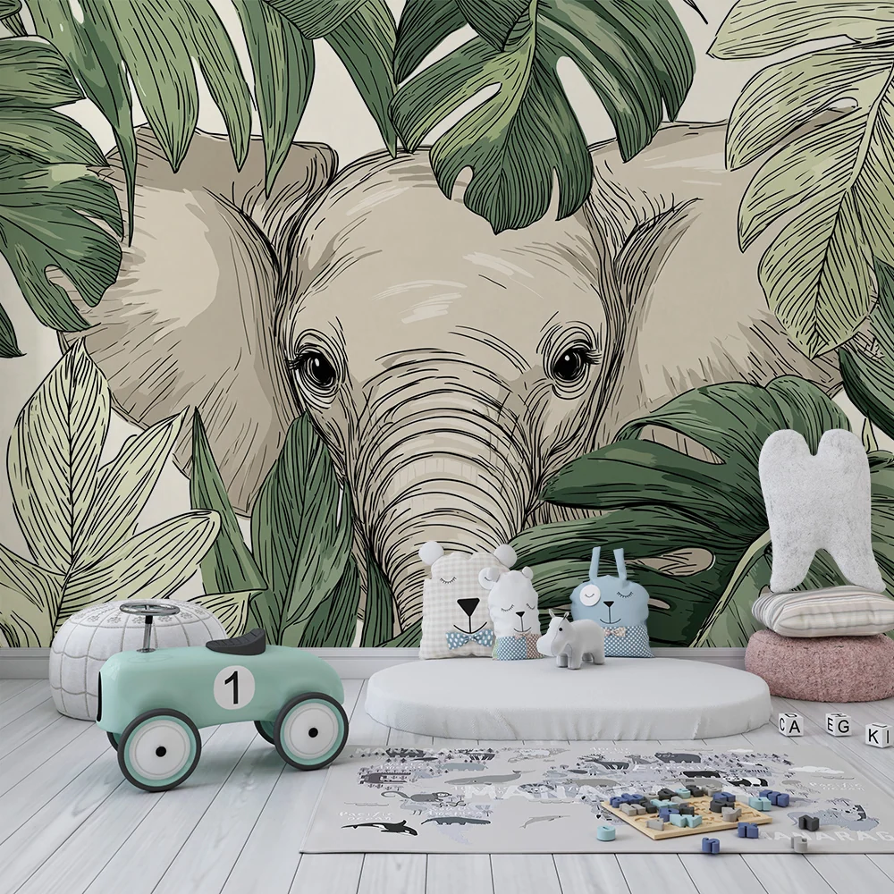 Papel de parede crianç | Elegante elefante escondido entre as folhas tropicais