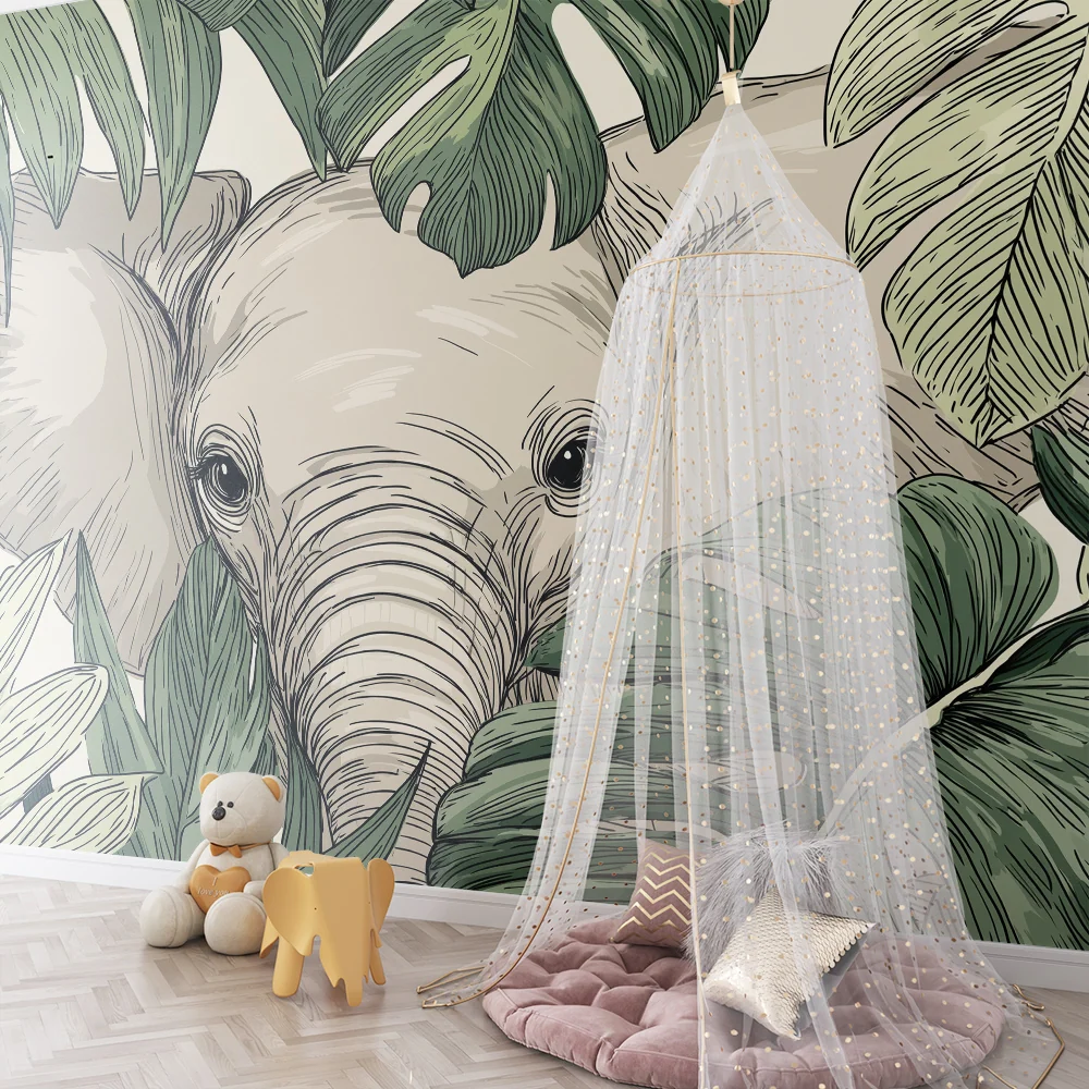 Papel de parede crianç | Elegante elefante escondido entre as folhas tropicais