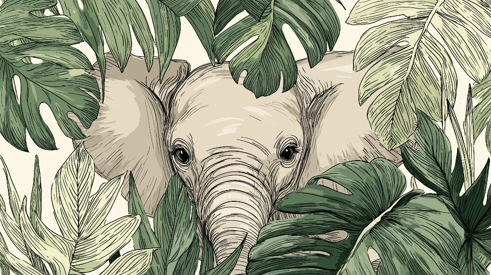 Papel de parede crianç | Elegante elefante escondido entre as folhas tropicais