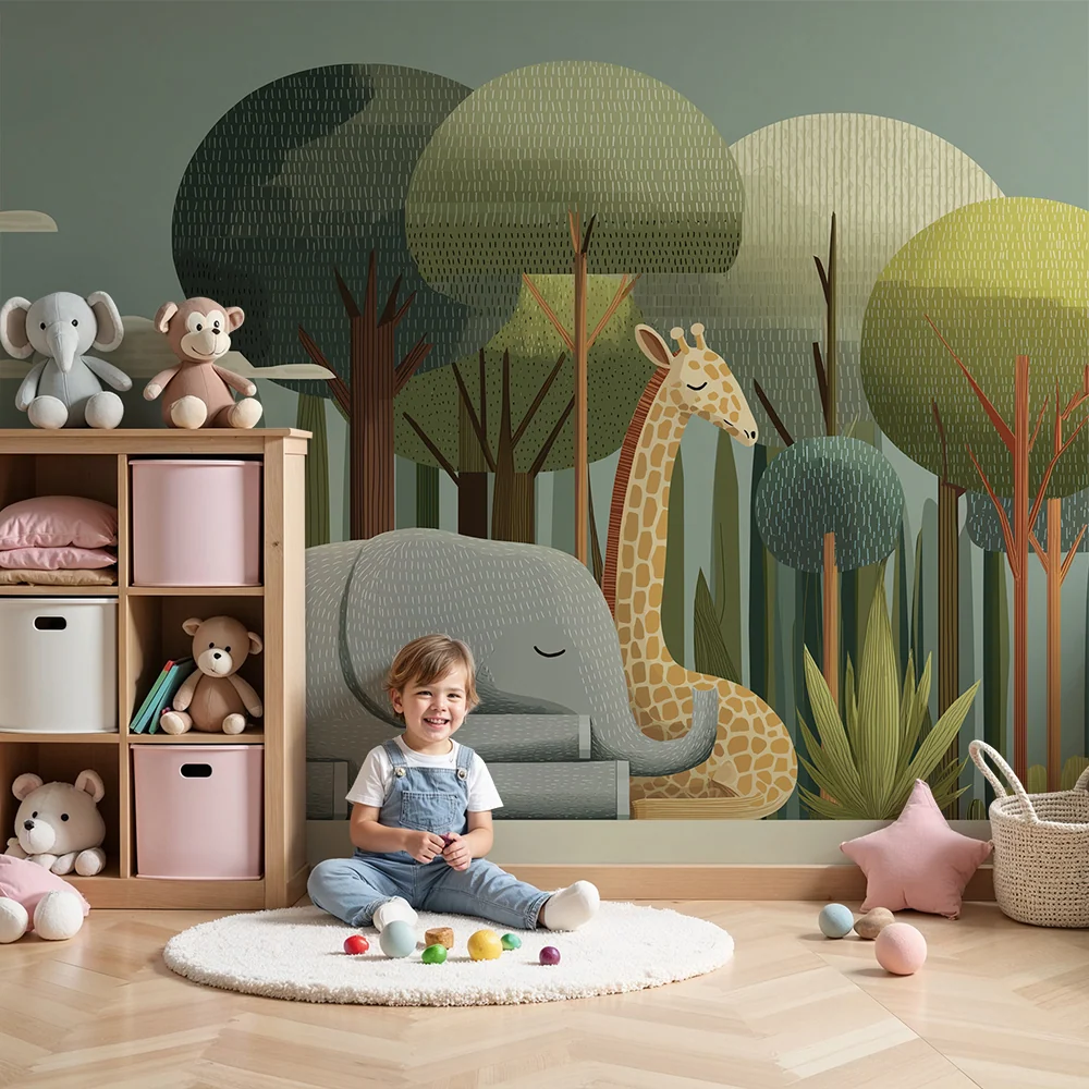 Papel de parede crianç | Elegante girafa e elefante no coração da selva