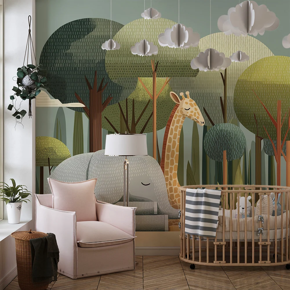 Papel de parede crianç | Elegante girafa e elefante no coração da selva