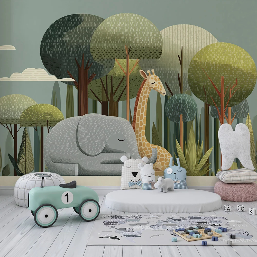 Papel de parede crianç | Elegante girafa e elefante no coração da selva