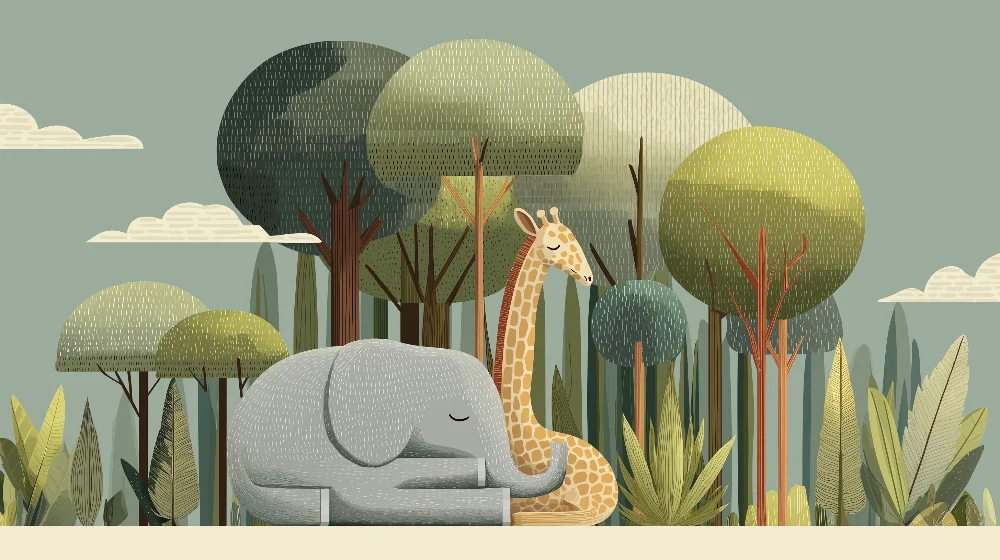 Papel de parede crianç | Elegante girafa e elefante no coração da selva