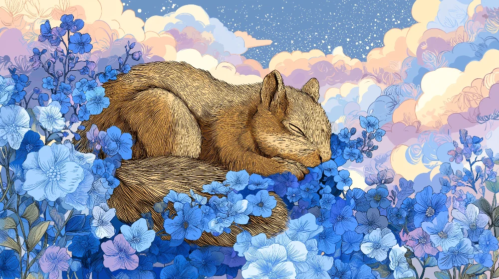 Papel de parede crianç | Esquilo adormecido entre flores azuis