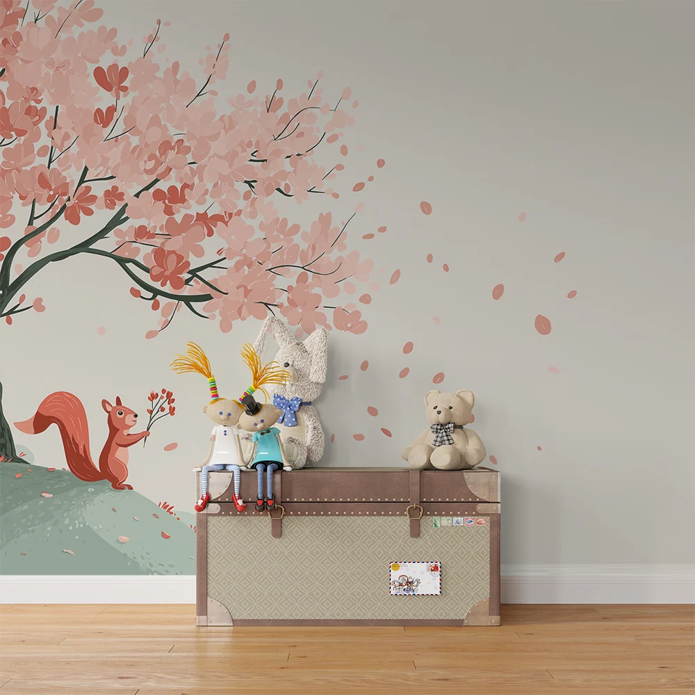 Papel de parede crianç | Esquilo feliz sob uma cerejeira em flor