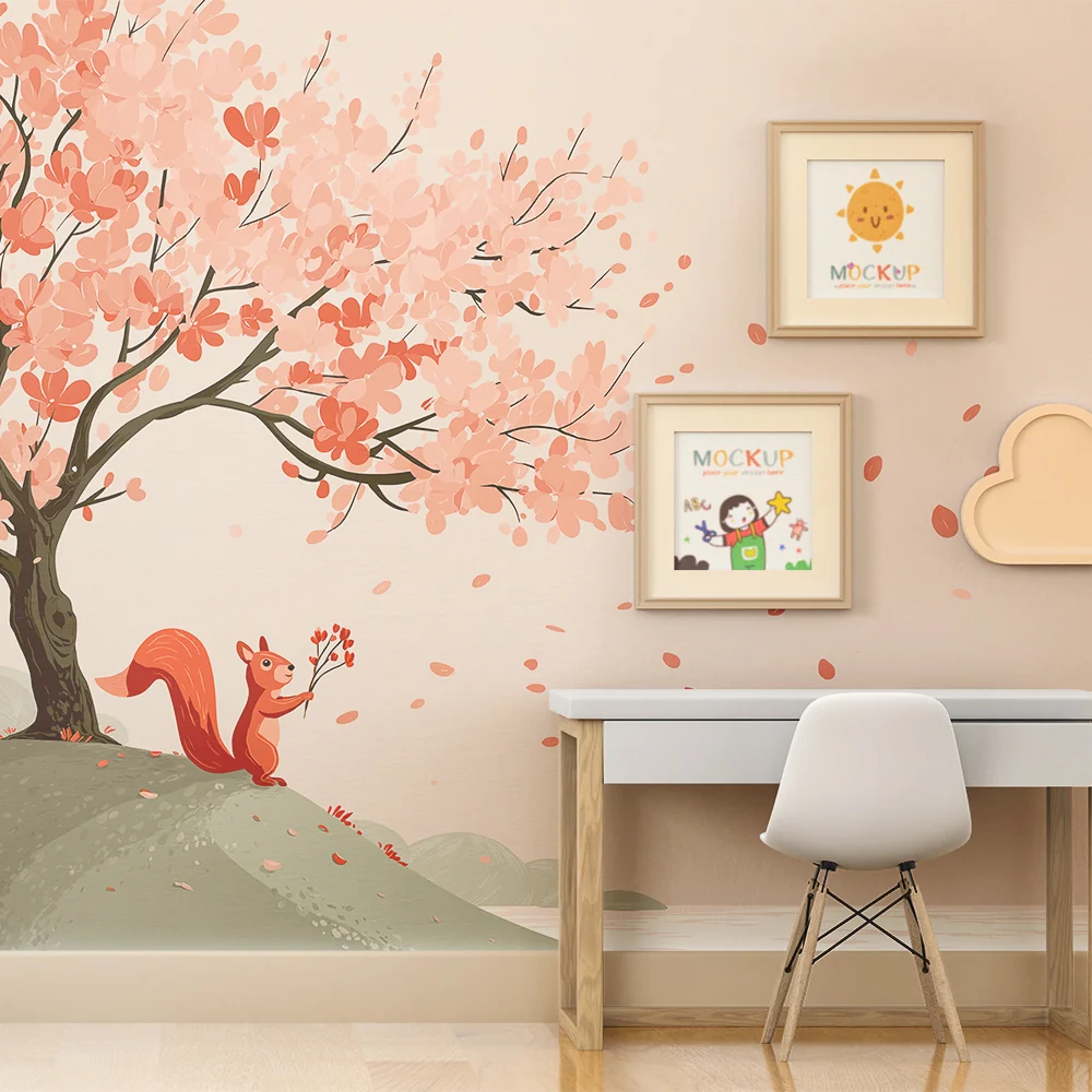 Papel de parede crianç | Esquilo feliz sob uma cerejeira em flor