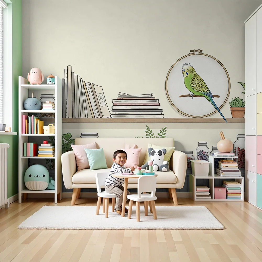 Papel de parede crianç | Estante colorida com botões, livros e um papagaio