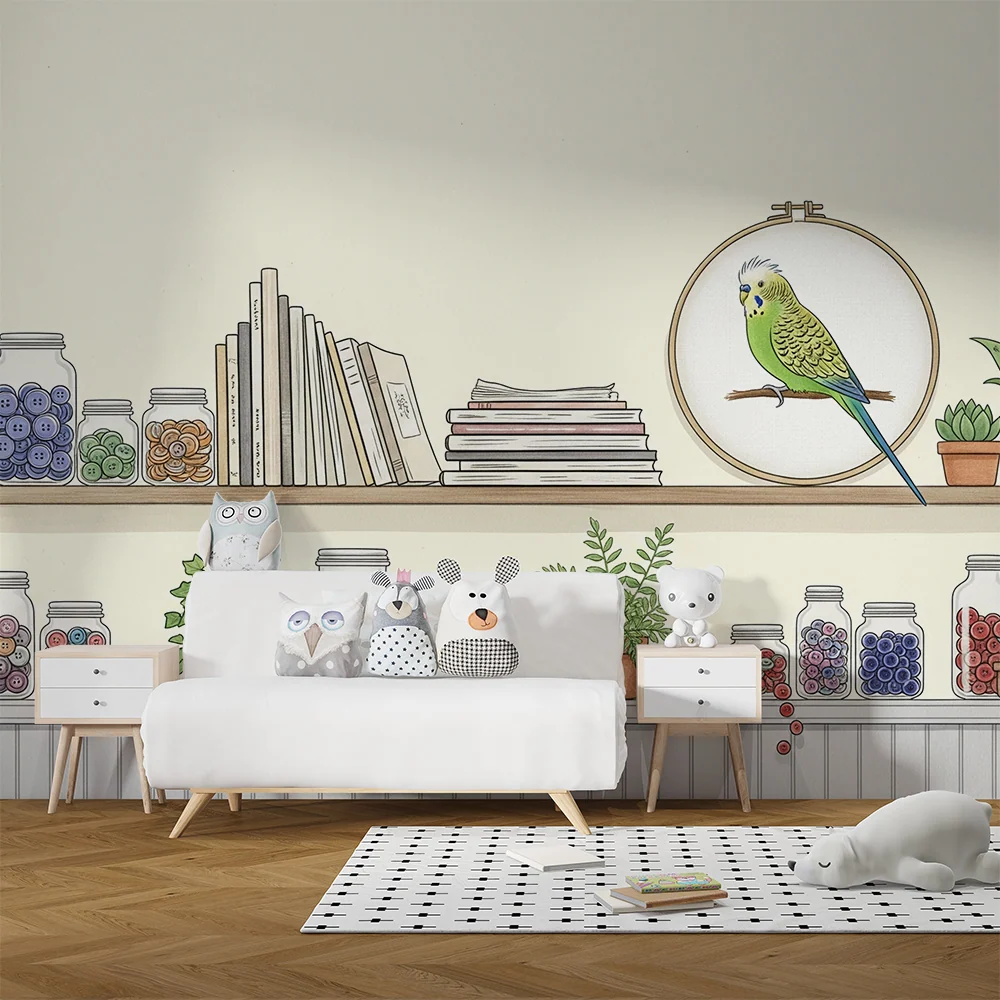 Papel de parede crianç | Estante colorida com botões, livros e um papagaio