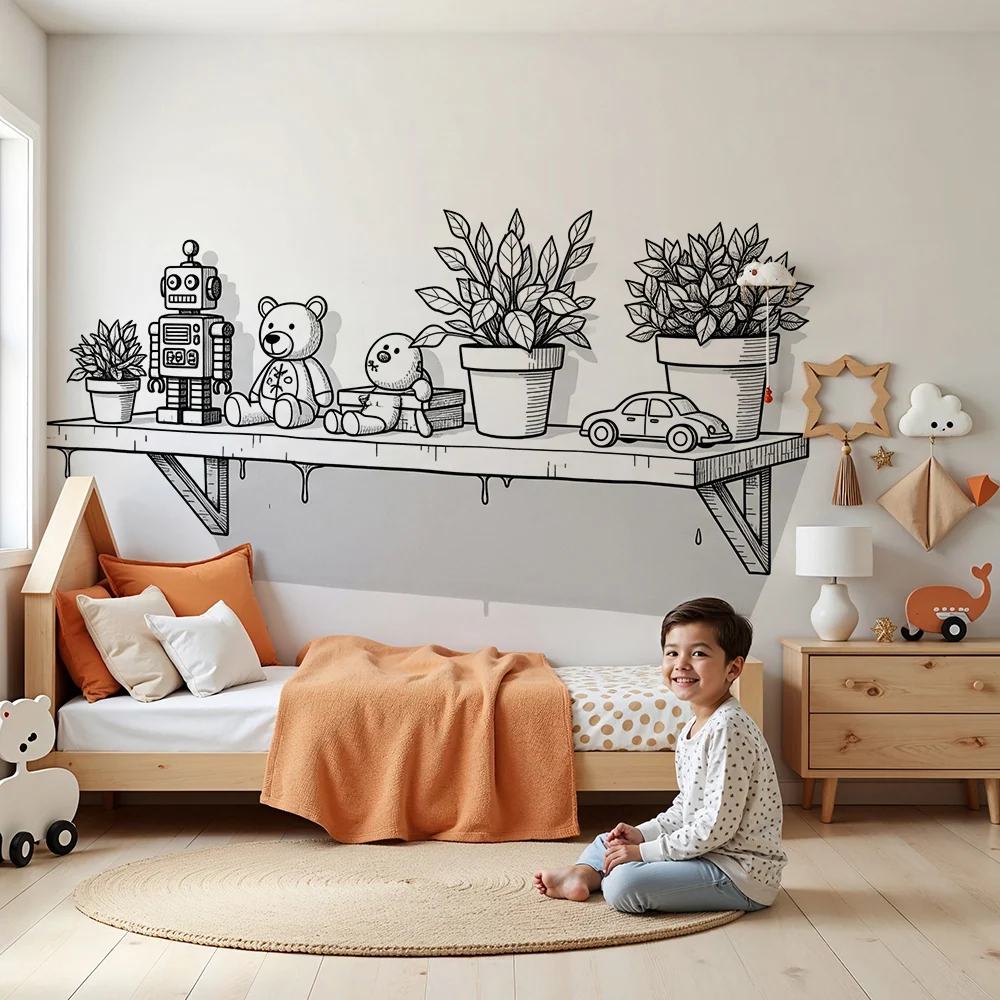 Papel de parede crianç | Estante lúdica com brinquedos e plantas em preto e branco