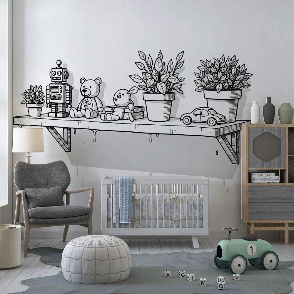 Papel de parede crianç | Estante lúdica com brinquedos e plantas em preto e branco